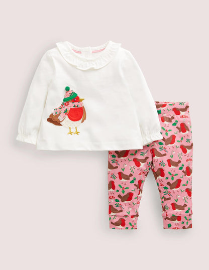 Appliqué Top & Leggings Set-Boto Pink Robins
