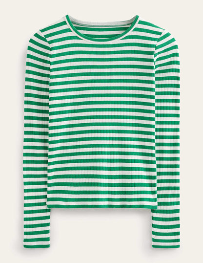 Anna Rib Crew T-Shirt-Meadow Green, Ivory Stripe