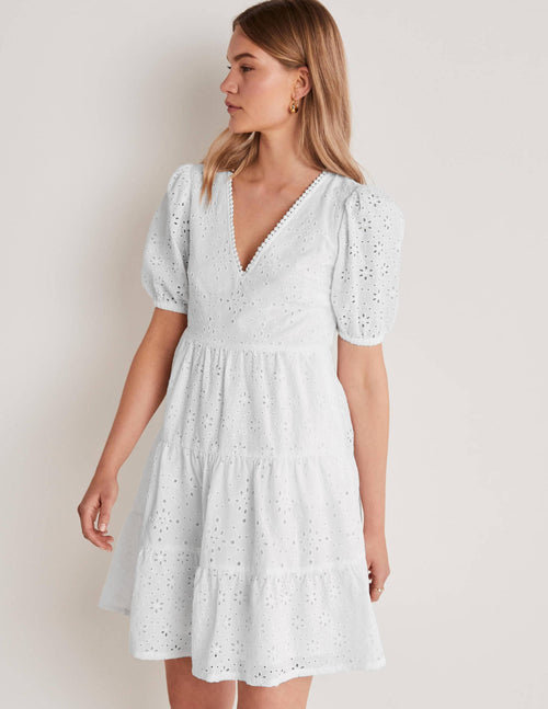 Back Detail Broderie Dress-White
