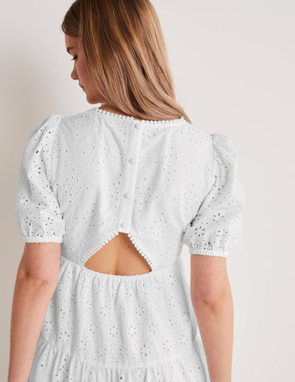 Back Detail Broderie Dress-White