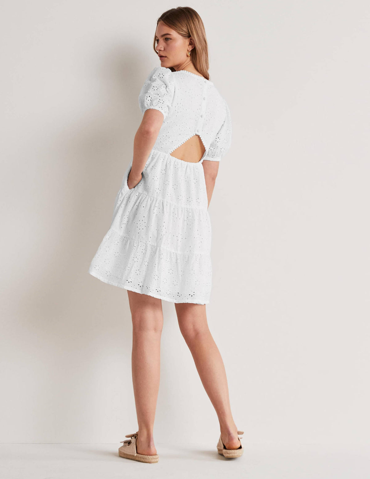 Back Detail Broderie Dress-White