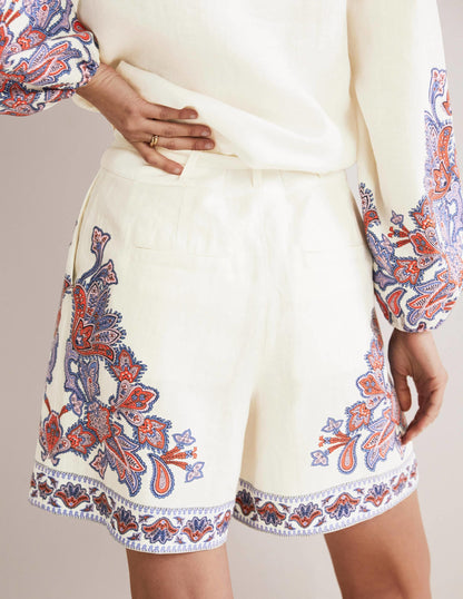 Alma Tie Waist Linen Shorts-Ivory, Paisley Bud