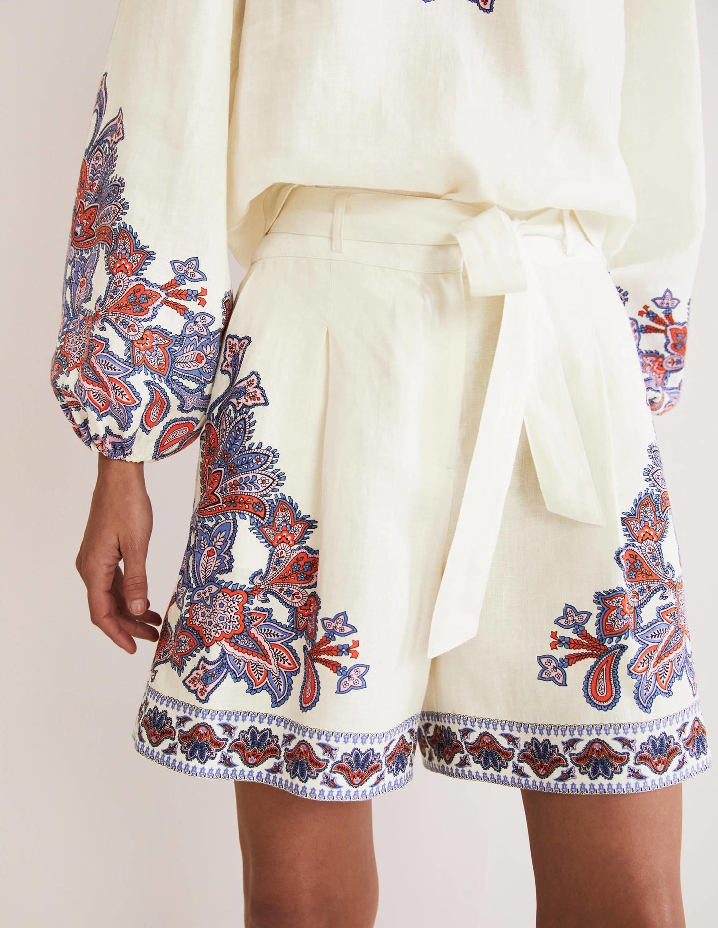 Alma Tie Waist Linen Shorts-Ivory, Paisley Bud