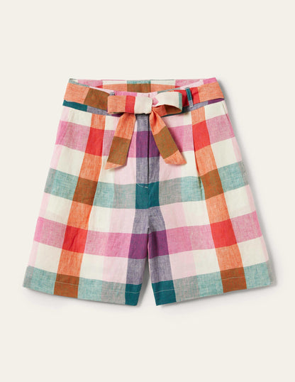 Alma Tie Waist Linen Shorts-Bonbon Pink, Flambe Check
