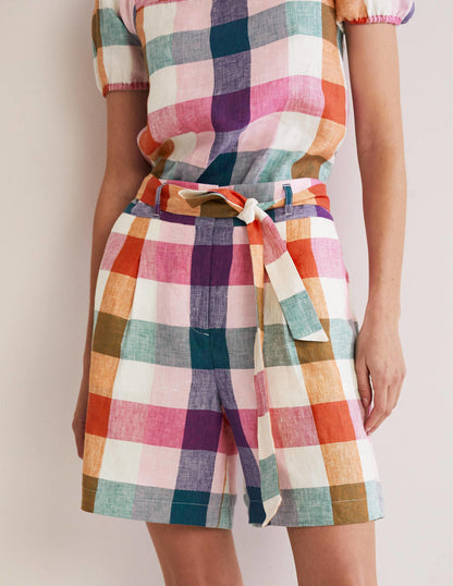 Alma Tie Waist Linen Shorts-Bonbon Pink, Flambe Check