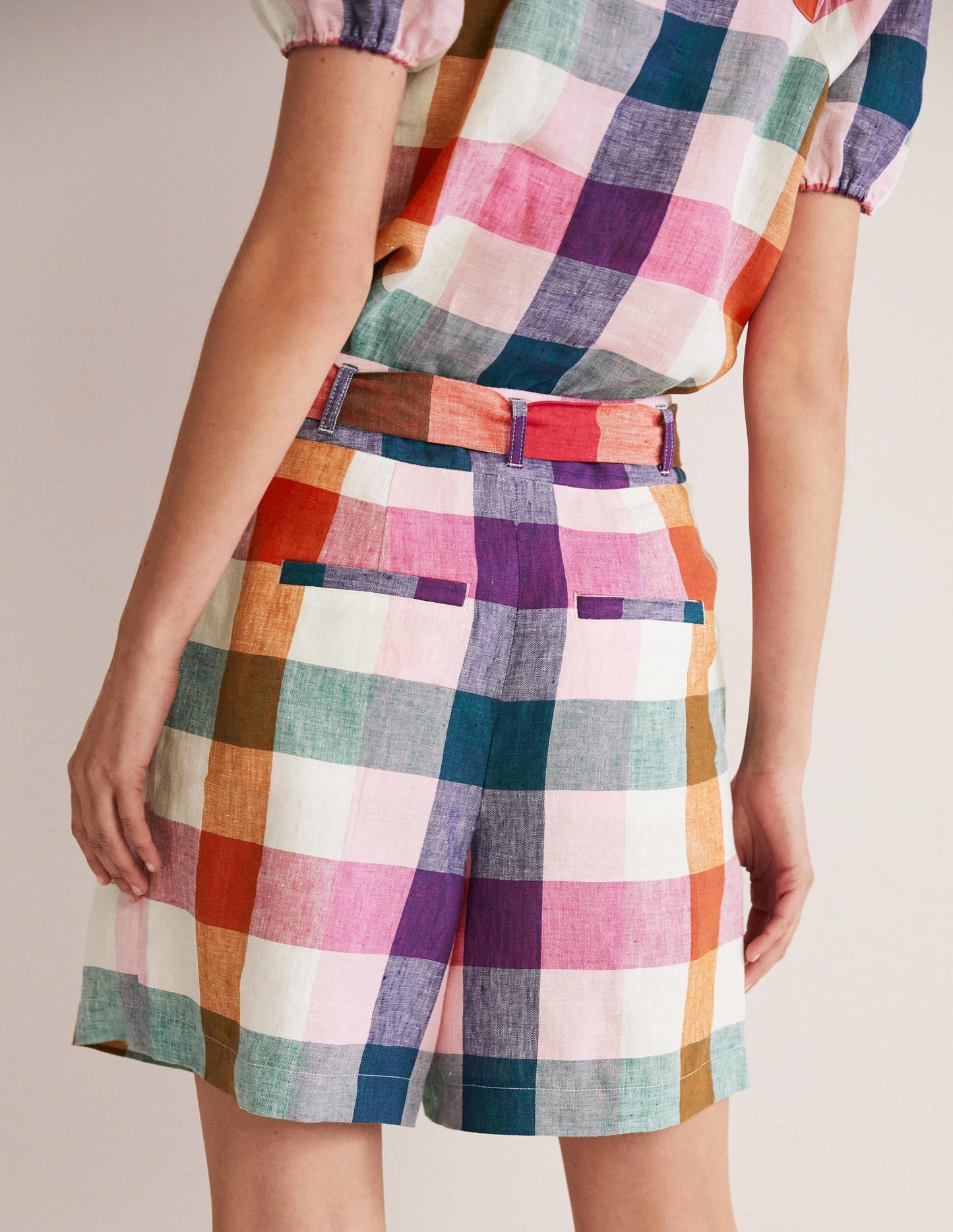Alma Tie Waist Linen Shorts-Bonbon Pink, Flambe Check