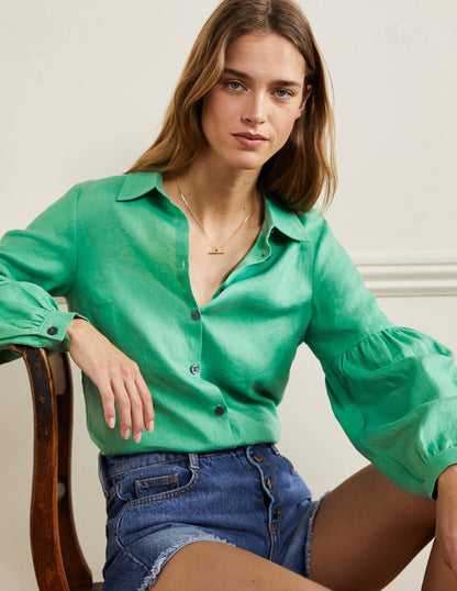 Anna Blouson Linen Shirt-Green Lagoon