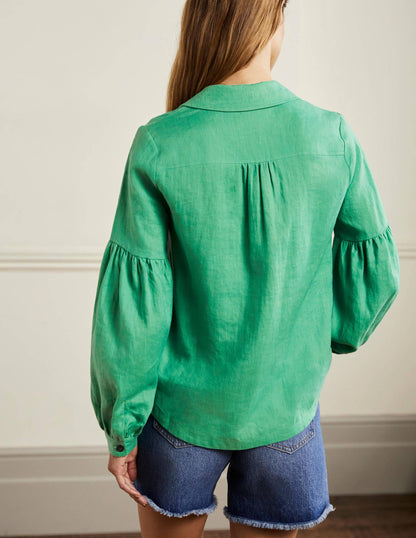 Anna Blouson Linen Shirt-Green Lagoon