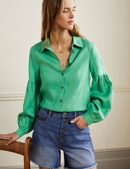 Anna Blouson Linen Shirt-Green Lagoon