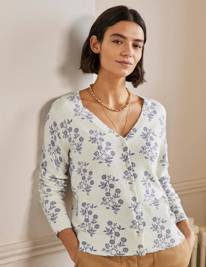 Anita Printed Fluffy Cardigan-Ivory, Leafy Cluster
