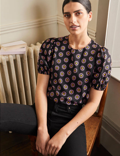 Adriana Puff Sleeve Top-Black and Formica Pink, Daisy