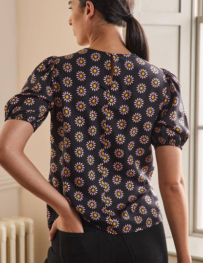 Adriana Puff Sleeve Top-Black and Formica Pink, Daisy