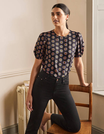 Adriana Puff Sleeve Top-Black and Formica Pink, Daisy