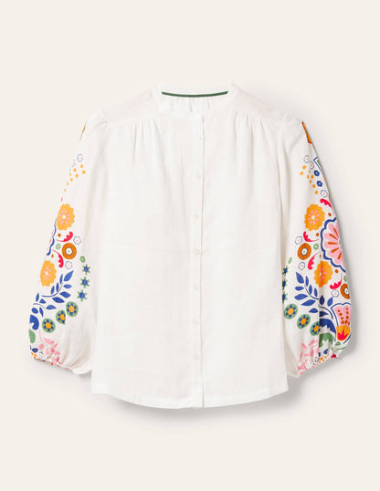 Becky Full Sleeve Linen Blouse-Ivory, Opulent Garden