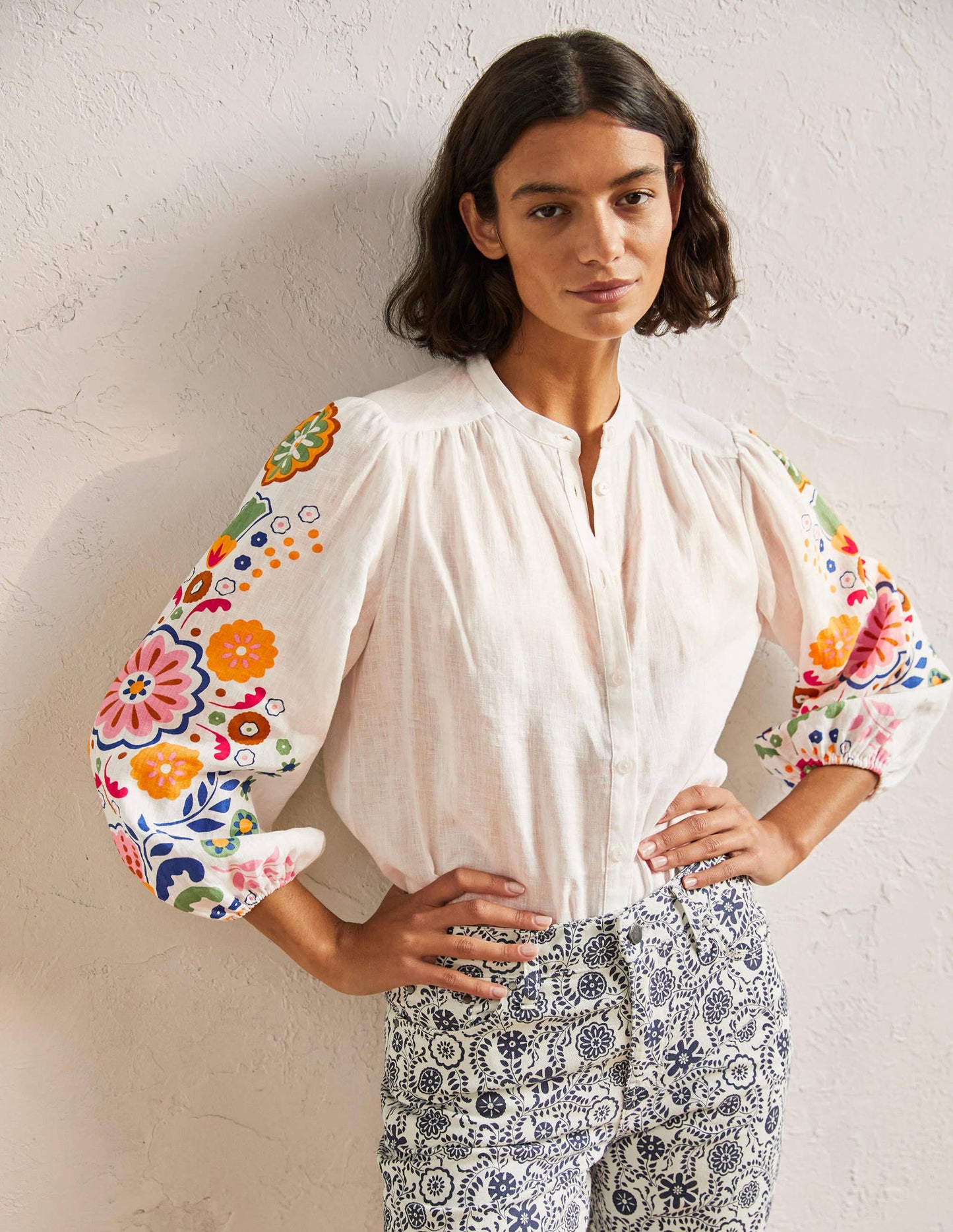 Becky Full Sleeve Linen Blouse-Ivory, Opulent Garden