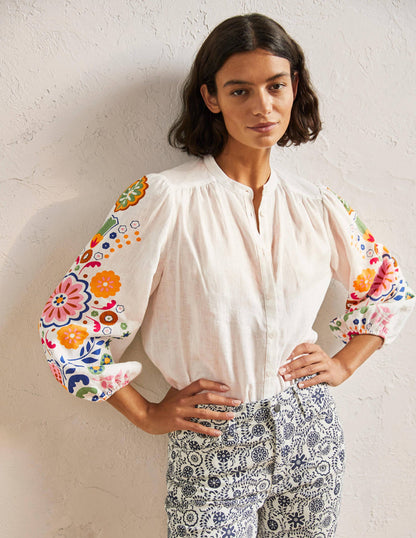 Becky Full Sleeve Linen Blouse-Ivory, Opulent Garden