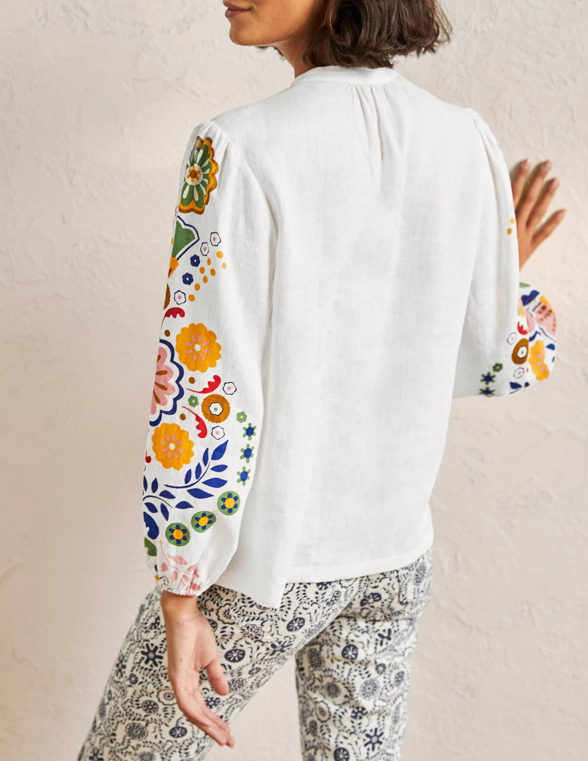 Becky Full Sleeve Linen Blouse-Ivory, Opulent Garden