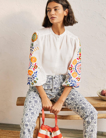Becky Full Sleeve Linen Blouse-Ivory, Opulent Garden