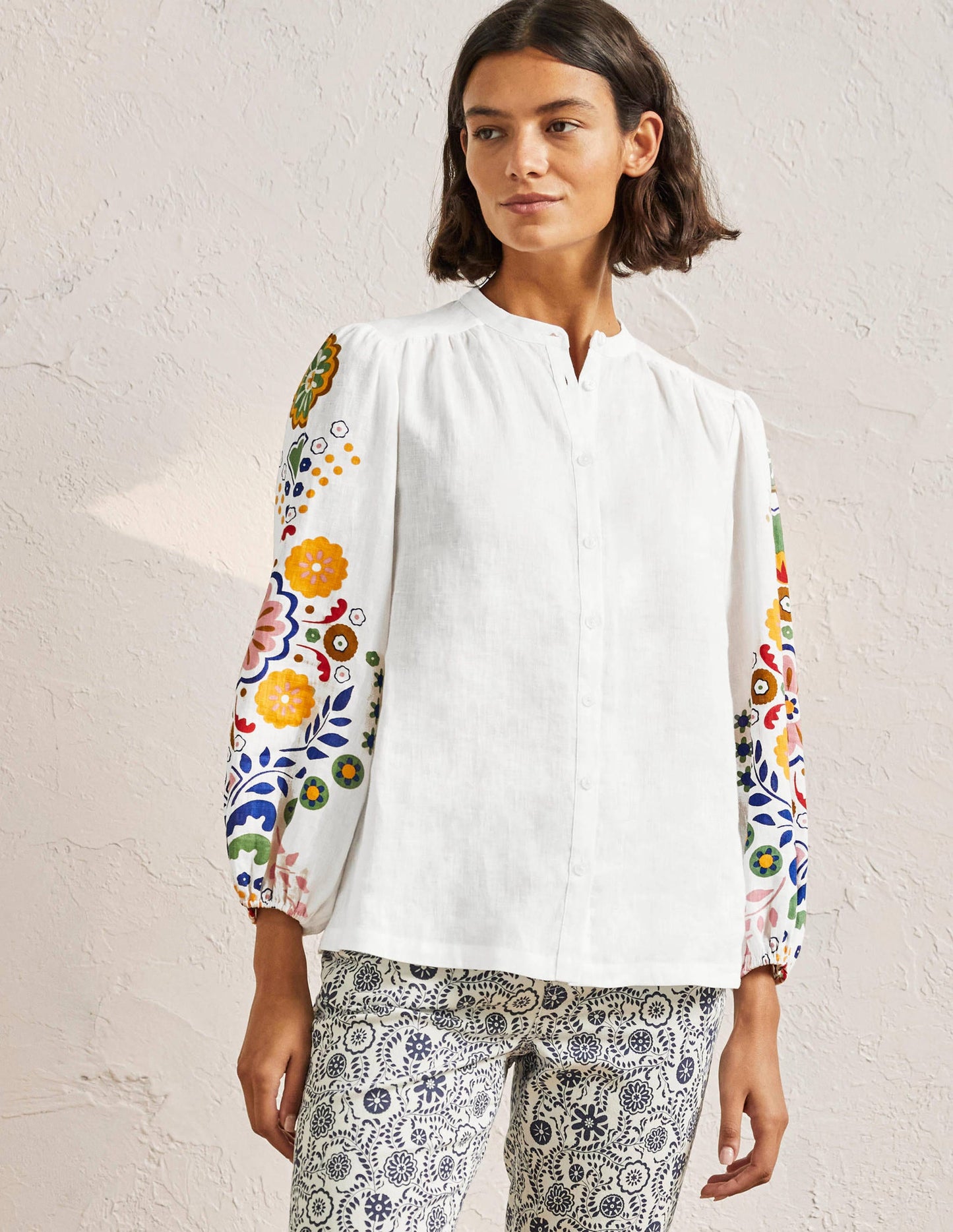 Becky Full Sleeve Linen Blouse-Ivory, Opulent Garden
