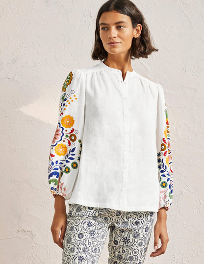 Becky Full Sleeve Linen Blouse-Ivory, Opulent Garden