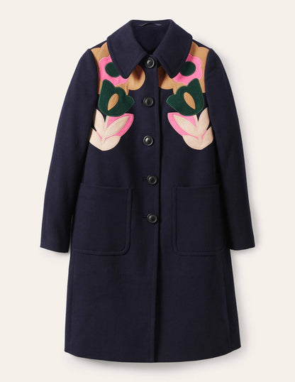Amelia Appliqué Wool Coat-Navy