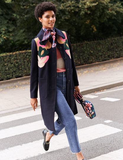 Amelia Appliqué Wool Coat-Navy