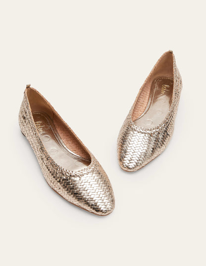 Almond Toe Ballerinas-Metallic Gold Woven