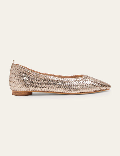 Almond Toe Ballerinas-Metallic Gold Woven
