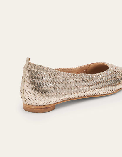 Almond Toe Ballerinas-Metallic Gold Woven