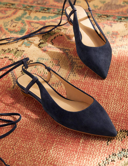 Ankle Tie Pointed Flats-Navy Suede