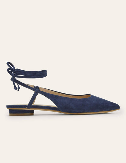 Ankle Tie Pointed Flats-Navy Suede