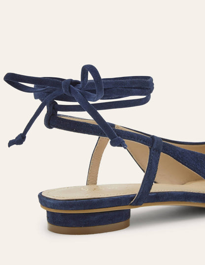 Ankle Tie Pointed Flats-Navy Suede