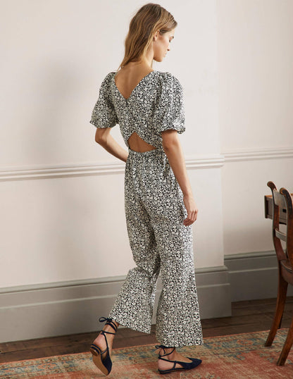 Back Detail Jumpsuit-Black Wildflower Sprig