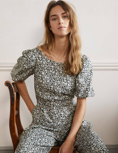 Back Detail Jumpsuit-Black Wildflower Sprig