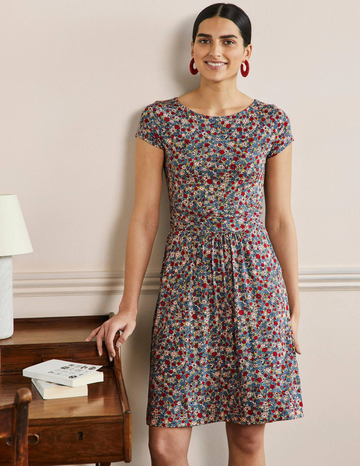 Amelie Jersey Dress-Riviera Blue, Floret Cluster