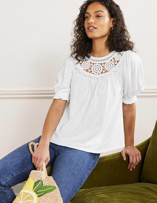 Anais Crochet Puff Sleeve Top-White