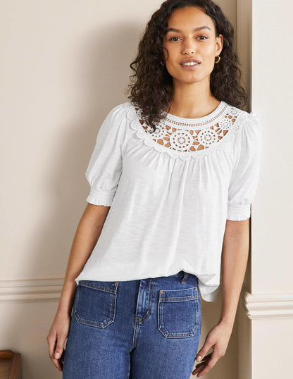 Anais Crochet Puff Sleeve Top-White