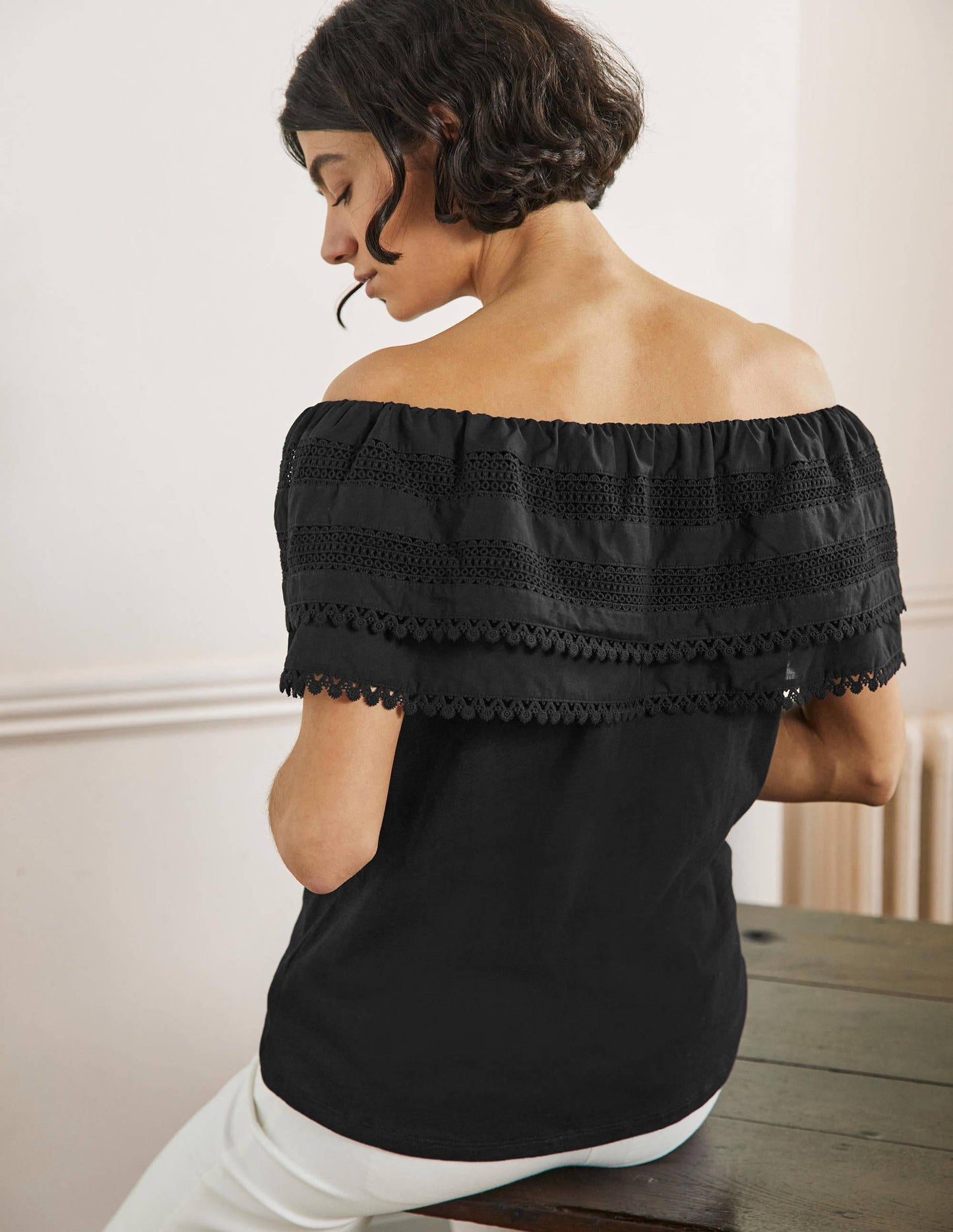 Bardot Woven Mix Detail Top-Black
