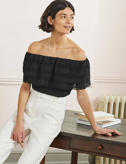 Bardot Woven Mix Detail Top-Black