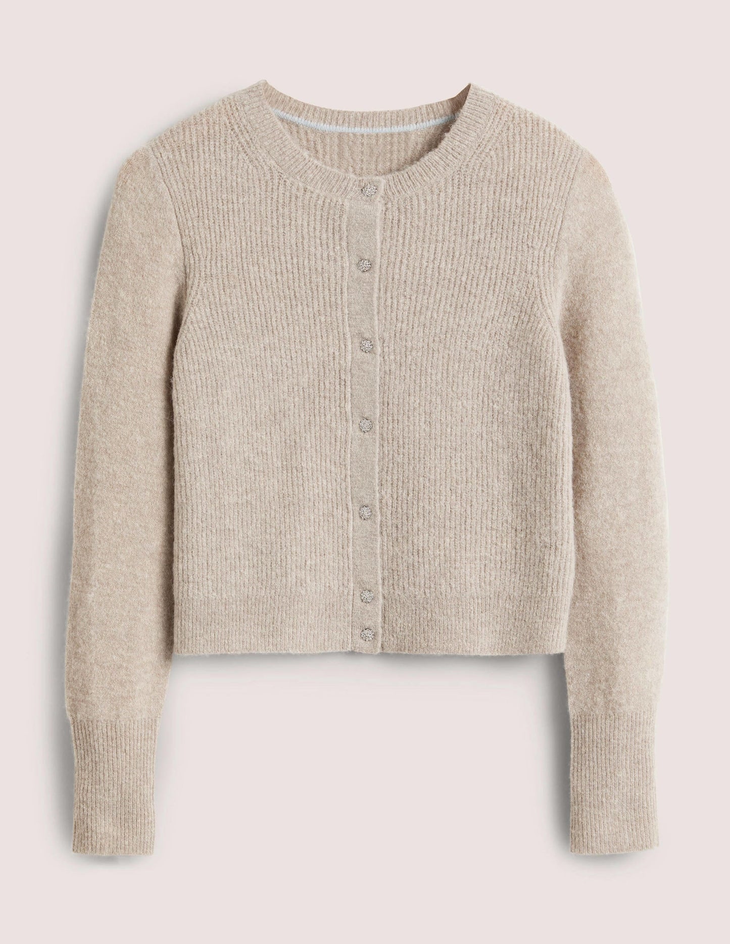Beige Jewel Button Fluffy Cardigan-Mink Melange