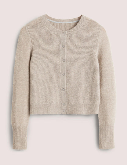 Beige Jewel Button Fluffy Cardigan-Mink Melange