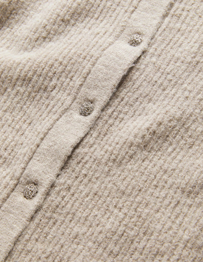 Beige Jewel Button Fluffy Cardigan-Mink Melange