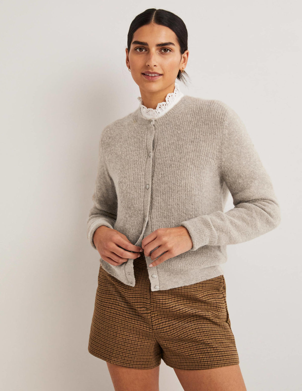 Beige Jewel Button Fluffy Cardigan-Mink Melange