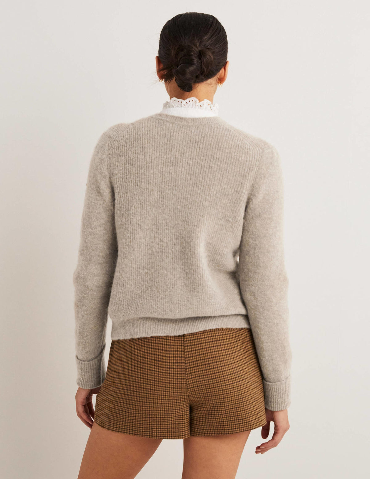 Beige Jewel Button Fluffy Cardigan-Mink Melange