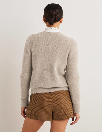 Beige Jewel Button Fluffy Cardigan-Mink Melange