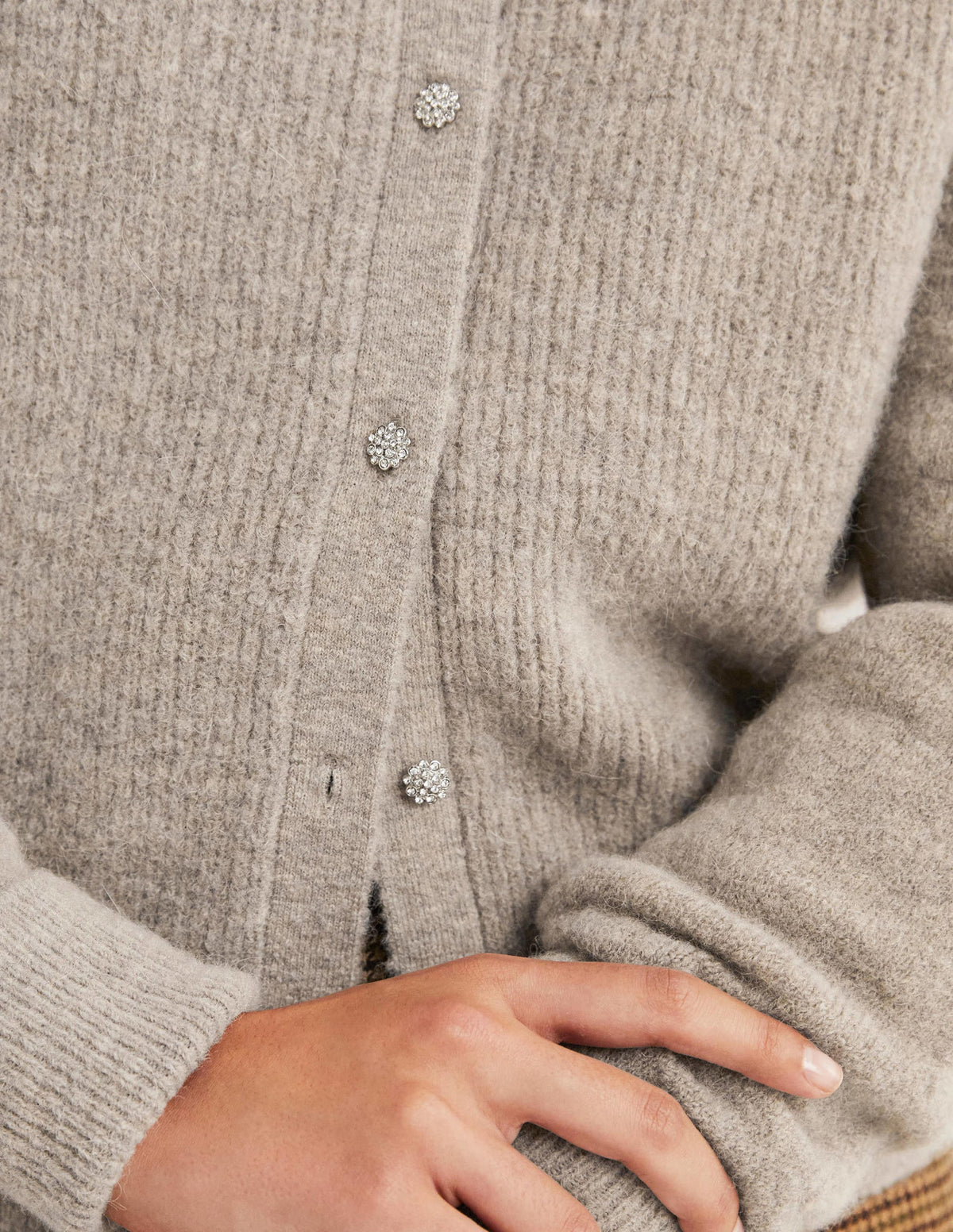 Beige Jewel Button Fluffy Cardigan-Mink Melange