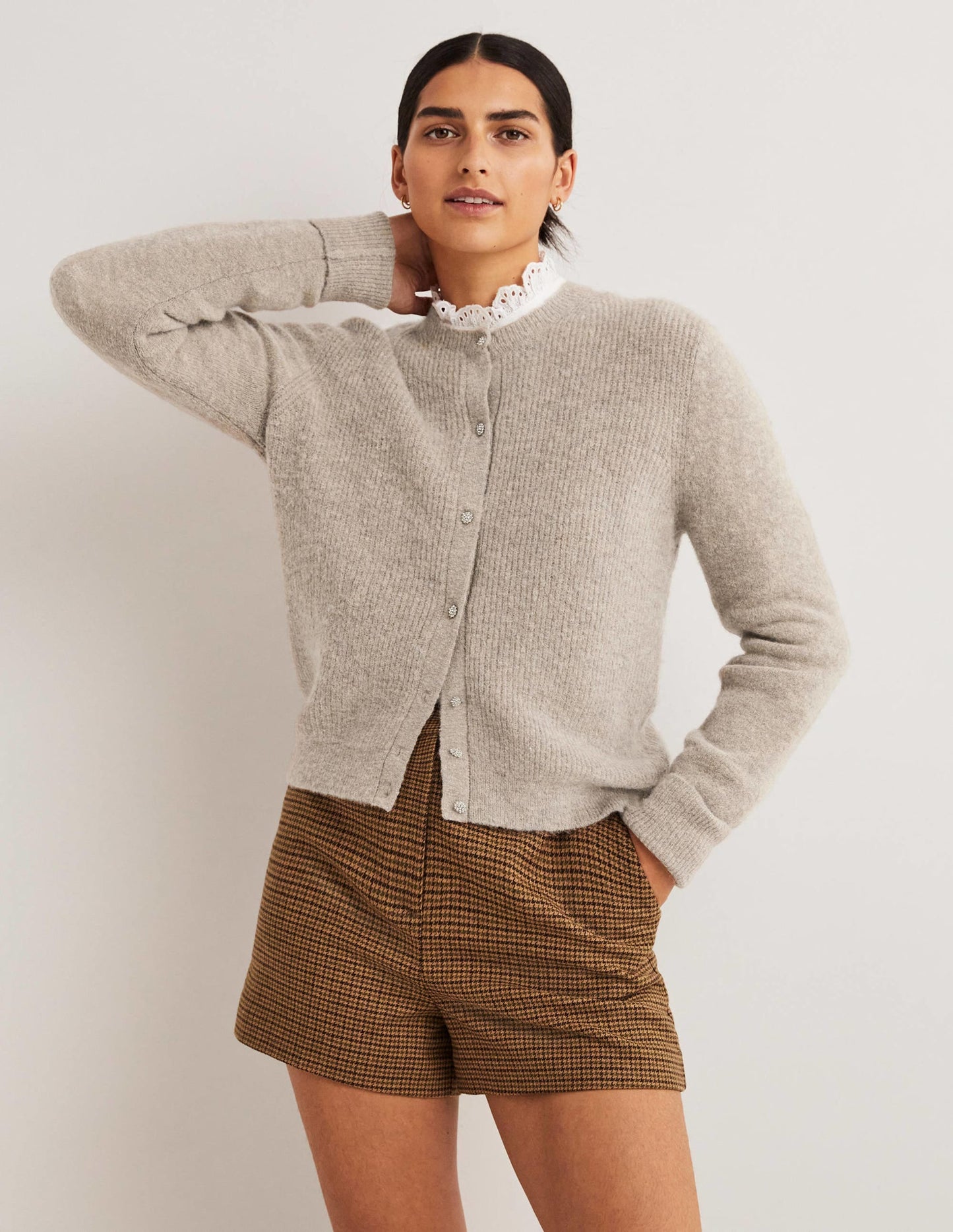 Beige Jewel Button Fluffy Cardigan-Mink Melange
