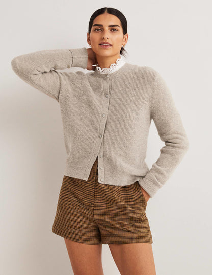 Beige Jewel Button Fluffy Cardigan-Mink Melange