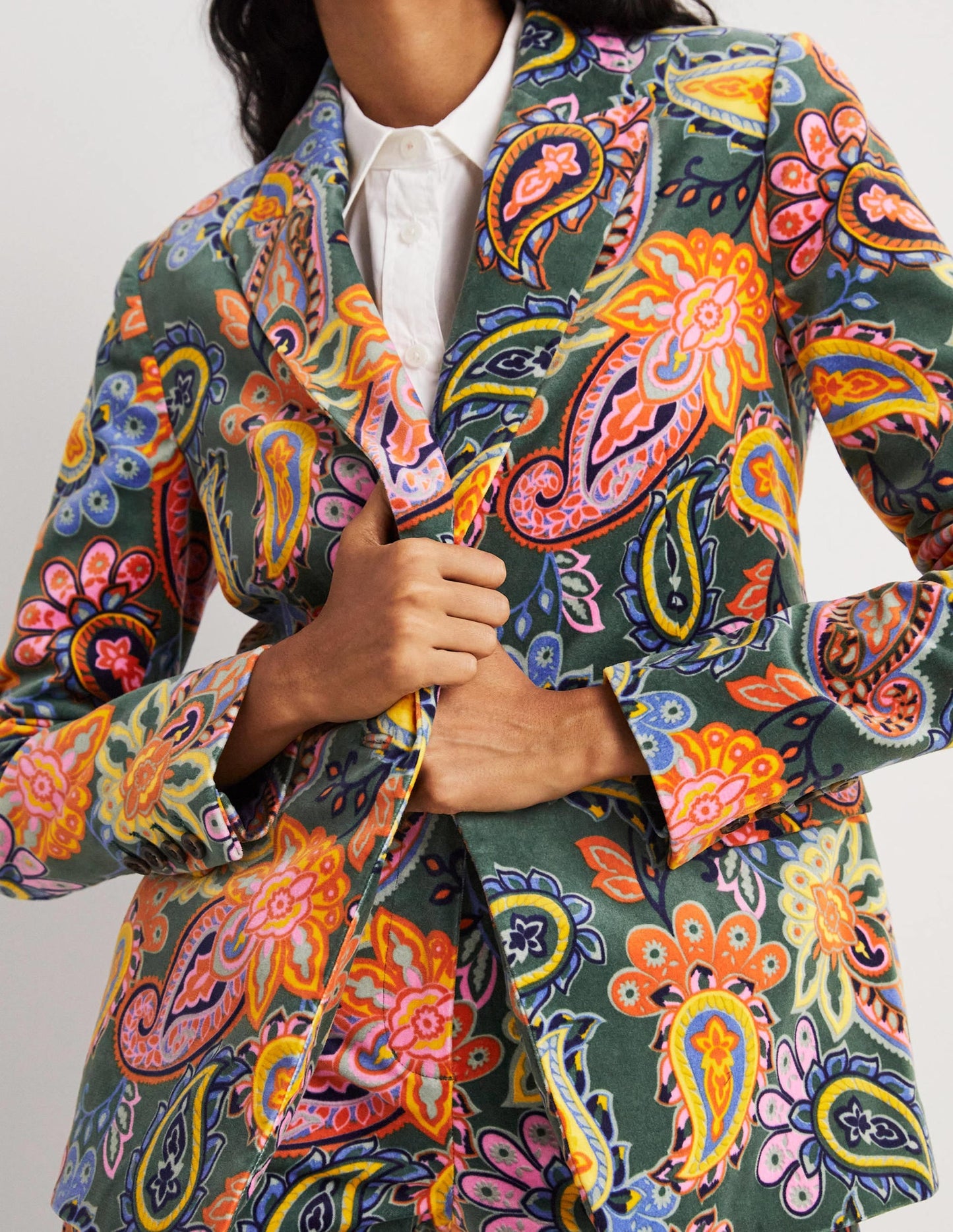 70s Tailored Blazer-Trekking Green, Paisley Charm
