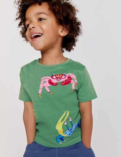 Appliqué Textured T-shirt-Safari Green Crabs